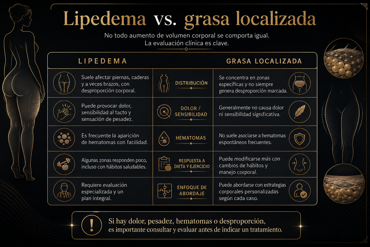 Infografía comparativa entre lipedema y grasa localizada: diferencias, síntomas y necesidad de evaluación especializada