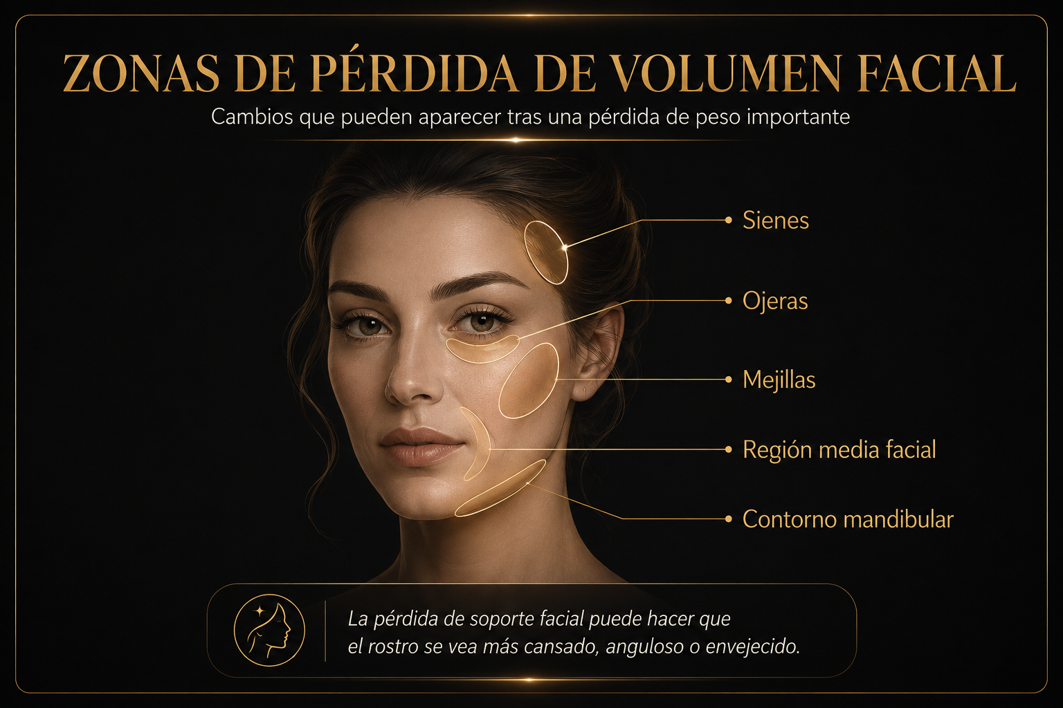 Zonas de pérdida de volumen facial después de una pérdida de peso importante: sienes, ojeras, mejillas, región media facial y contorno mandibular